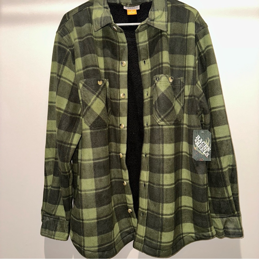 Racks & Reels Men’s Sherpa Fleece Button Up Plaid Green Jacket/Shirt Medium